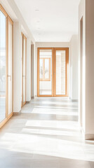 Fototapeta premium Bright hallway with wooden doors and natural light in a modern building