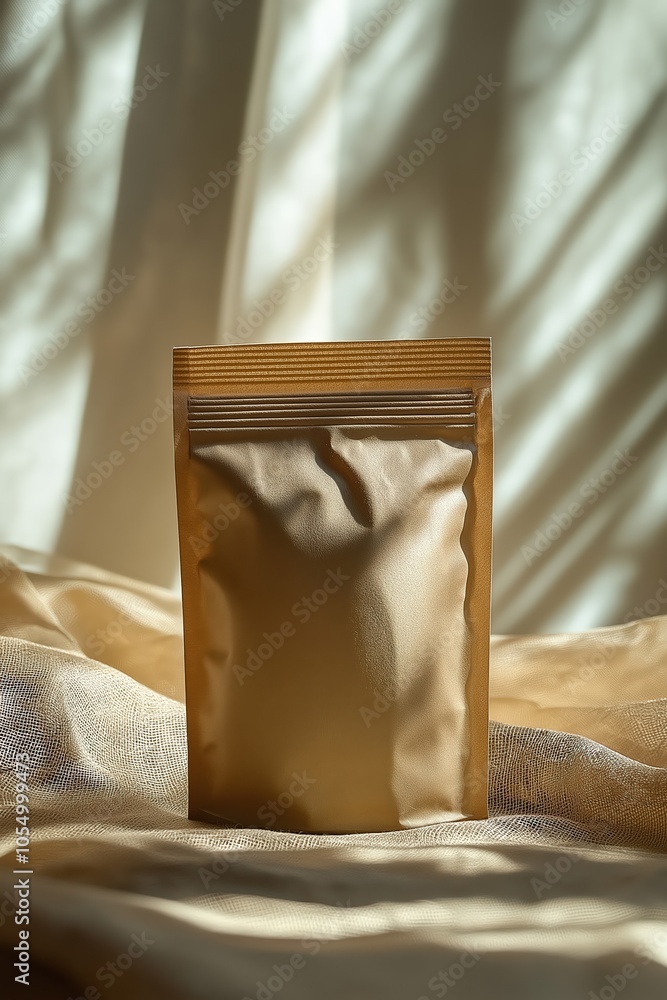 Poster golden packaging standing on soft cloth with window light creating shadows