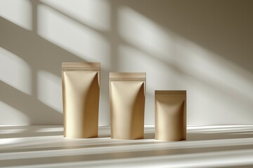 Three golden doypacks of different sizes showing packaging design