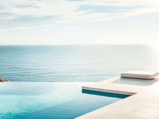 Fototapeta premium A serene infinity pool overlooking the ocean at sunrise in a tranquil coastal setting