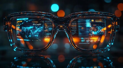 Futuristic smart glasses with a digital interface displaying data and information.
