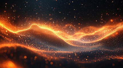 A mesmerizing display of glowing orange waves and sparkles in a cosmic landscape at dusk