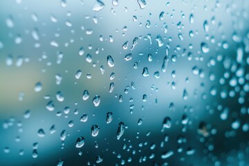 Raindrops on Window with Sky Blue Blurred Background