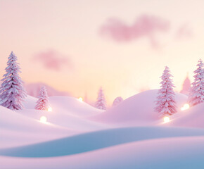 SnowCovered Trees and a Pink Sunset in a Winter Landscape.Generating AI