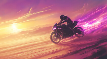 Synthwave Motorcycle Racing Across a Sun-Drenched Landscape: Retro Speed Thrills