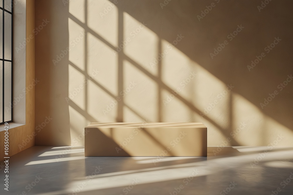 Poster empty cardboard box displaying products in sunlit room with window