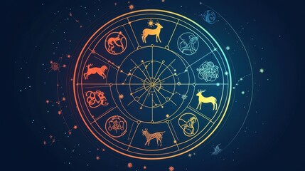 A modern zodiac chart in glowing colors, each sign represented with intricate detail on a bright, abstract background.