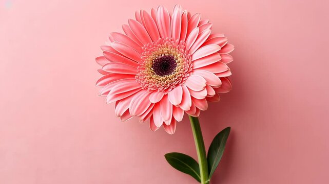 A single pink gerbera daisy sits on a pink background