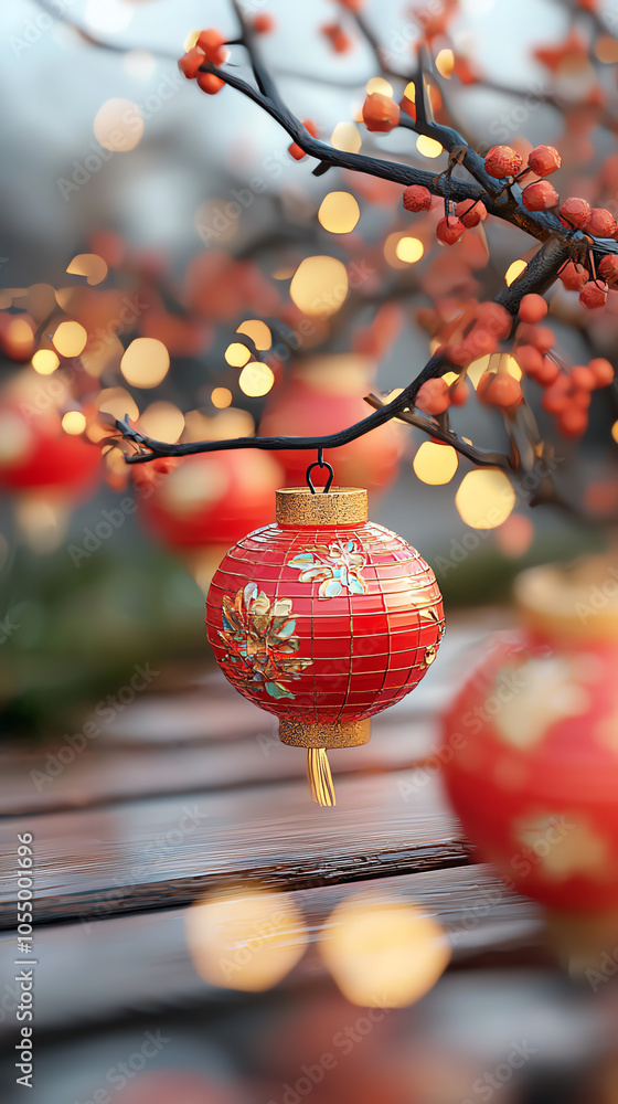 Aufkleber clustered red lanterns adorned with golden floral patterns illuminate the dusk sky capturing the ess