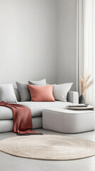 Modern living room with a cozy sectional sofa, decorative pillows, and minimalistic decor