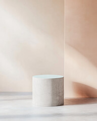 Minimalist round table in a softly lit modern interior with pastel walls and floor
