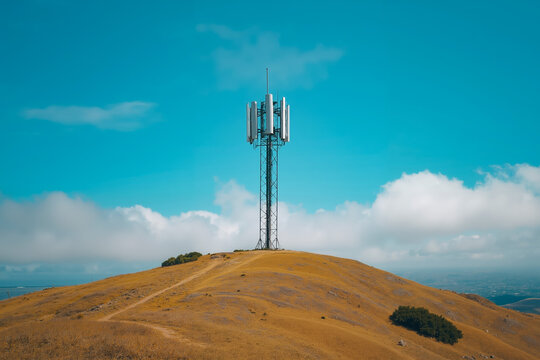 A tower with antennas on top stands on a hill under a blue sky with clouds