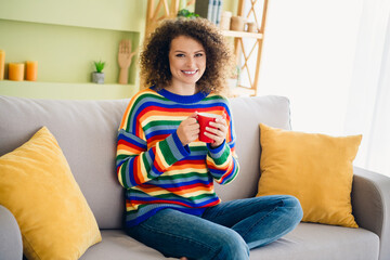 Obraz premium Photo of nice young girl sit couch hold cacao mug wear pullover modern interior apartment indoors