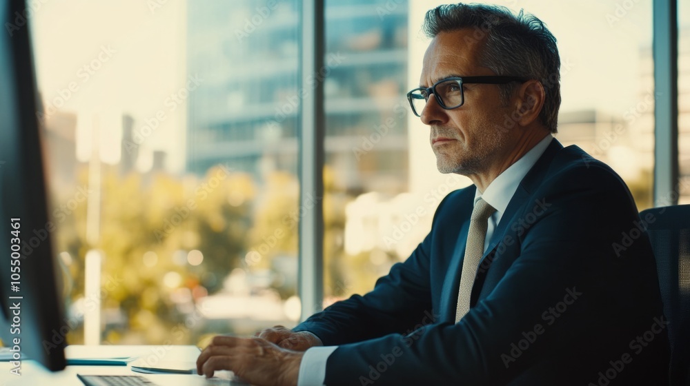 Aufkleber a man in a suit is sitting at a desk in front of a computer monitor