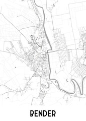 Obraz premium Map of Bender, a city located on the Dniester River. The map showcases the city's street network, including major roads and smaller streets, as well as the winding river that flows through it. 