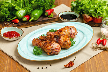 Grilled chicken drumsticks on a plate. Restaurant, Cafe, lunch.