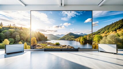 A large screen TV displays a scenic landscape of a lake with mountains and trees in the background. The screen is mounted on a wall in a modern living room with large windows and white walls.