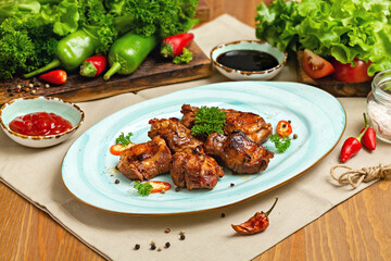 Beef shashlik pieces grill on a plate. Restaurant, Cafe, lunch.