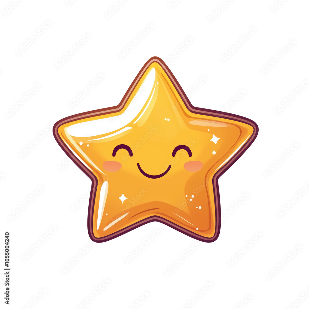 Poster smiling star character with shiny yellow surface and cute expression, isolated on transparent backgr