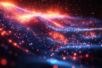 Obraz premium Abstract digital landscape with glowing particles and waves in red and blue.