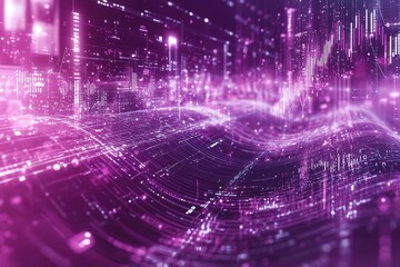 Obraz premium Abstract digital landscape with glowing purple lines and data.