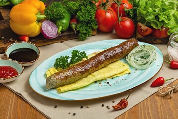 Minced meat sausage, kebab on a plate. Restaurant, Cafe, lunch, dinner.