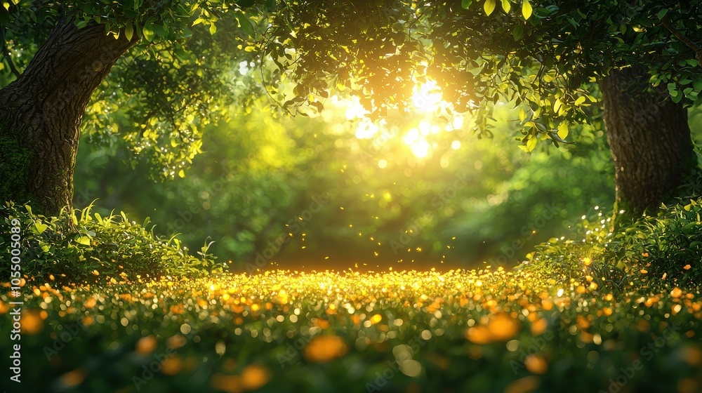 Poster sunlight streaming through trees in a vibrant forest filled with flowers during the golden hour crea