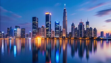 Fototapeta premium A stunning cityscape skyline with skyscrapers reflected in the water at dusk.
