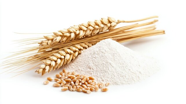High-definition composition of whole wheat ears with freshly milled flour, isolated on white, showcasing organic textures and fine grain particles