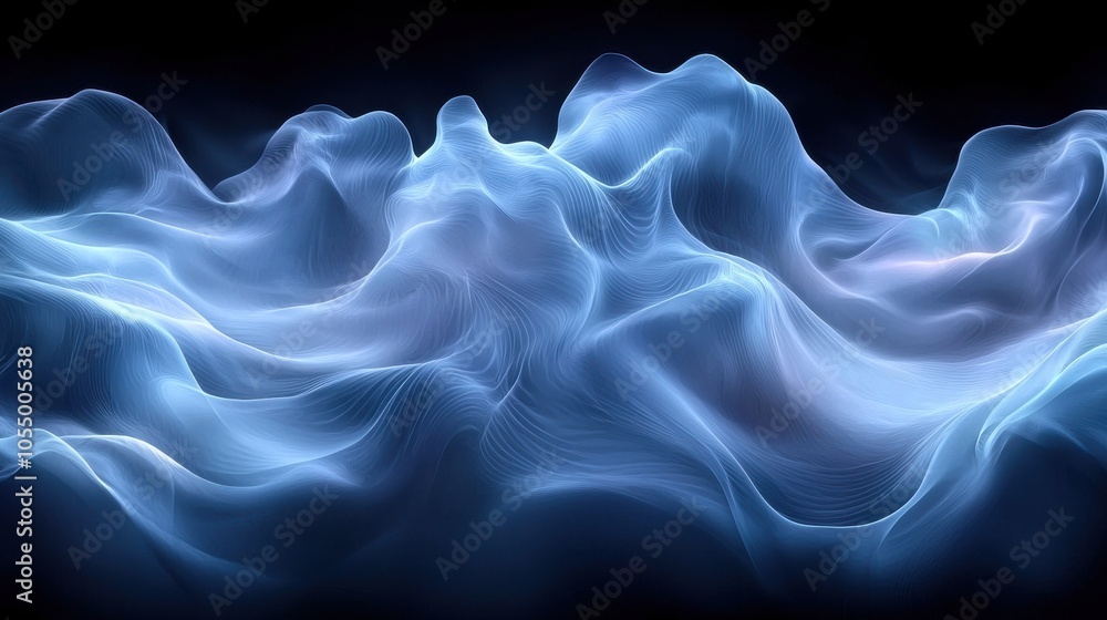 Poster ethereal blue waves of light creating a mesmerizing abstract pattern against a dark background
