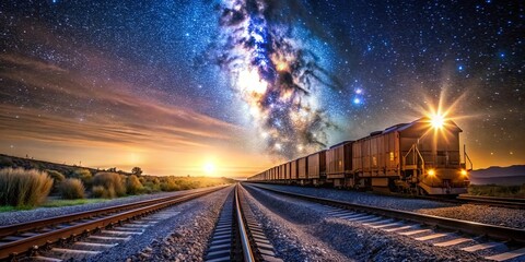 Fototapeta premium A freight train traverses a desolate landscape, guided by a celestial beacon amidst a tapestry of stars and a glowing twilight sky.