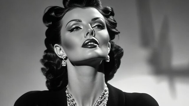 A woman with dark hair, bold makeup, and a pearl necklace looks up with a confident expression