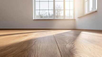 Obraz premium Wood varnish application on a hardwood floor, smooth polished surface, sunlight streaming through nearby windows, soft shadows, rich brown hues, cozy atmosphere