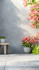 Sunny garden corner featuring colorful flowers and a wooden table in a tranquil setting