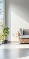 Bright and airy living room with natural light, modern furniture, and a potted plant by the window