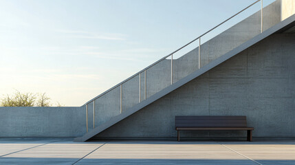 Obraz premium Modern architecture with concrete stairs and a wooden bench in a tranquil outdoor space