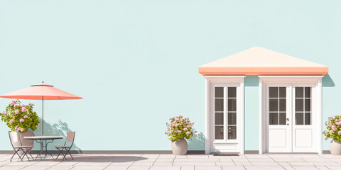 Charming outdoor cafe with pastel colors, flower pots, and a quaint entrance in daylight
