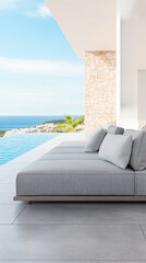 Modern outdoor seating area by a luxurious infinity pool overlooking the ocean