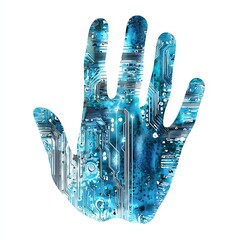 Fototapeta premium Futuristic hand silhouette with circuitry pattern, digital art, white background.