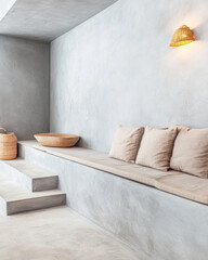 Modern minimalist interior design featuring a cozy seating area and neutral tones