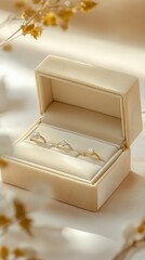 A stylish ring box crafted from cream velvet, elegantly set against a light beige backdrop