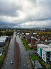 Aerial View of Manchester City During Cloudy and Rainy Day over England UK