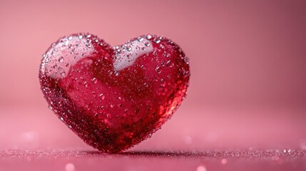 Obraz premium Red Heart Covered in Water Droplets on Pink Surface