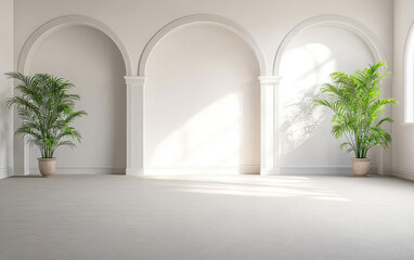Fototapeta premium Elegant interior space with arched openings and tropical plants in natural light