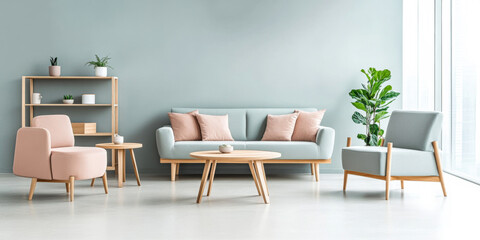 Modern living room with pastel furniture and plants in a bright, airy space