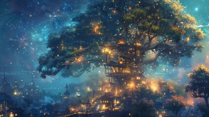 Fototapeta premium Enchanting Treehouse Village Under Starry Night Sky