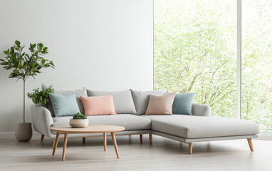 Modern living room with a cozy sectional sofa and greenery in natural light setting