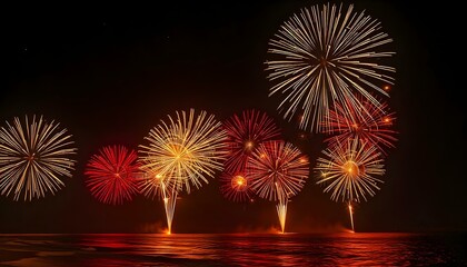 Fireworks explode in vibrant colors against a dark night sky filled with twinkling stars, showcasing bursts of red, blue, and green, with a silhouette of a city skyline in the foreground.