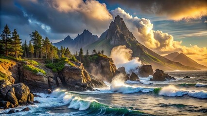 Fototapeta premium A Majestic Mountain Range Rises from the Sea with Dramatic Waves Crashing Against Rocky Shores and Golden Clouds Illuminating the Sky