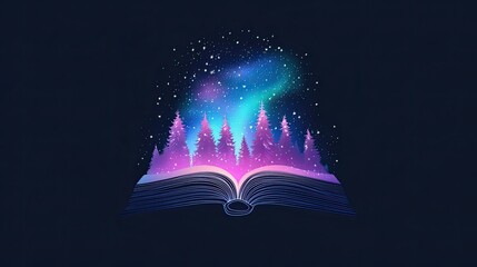 Magical Neon Book Silhouette with Illuminated Forest and Northern Lights, Perfect for Posters, Book Covers, Fantasy Themes, and Digital Art Projects